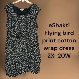 eShakti Black and White Cotton Bird Print Wrap Dress